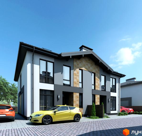 Двоповерховий будинок з сірими стінами та великими вікнами в ЖК Sandstone Comfort. На подвірʼї бруківка, жовтий та помаранчевий автомобілі.
