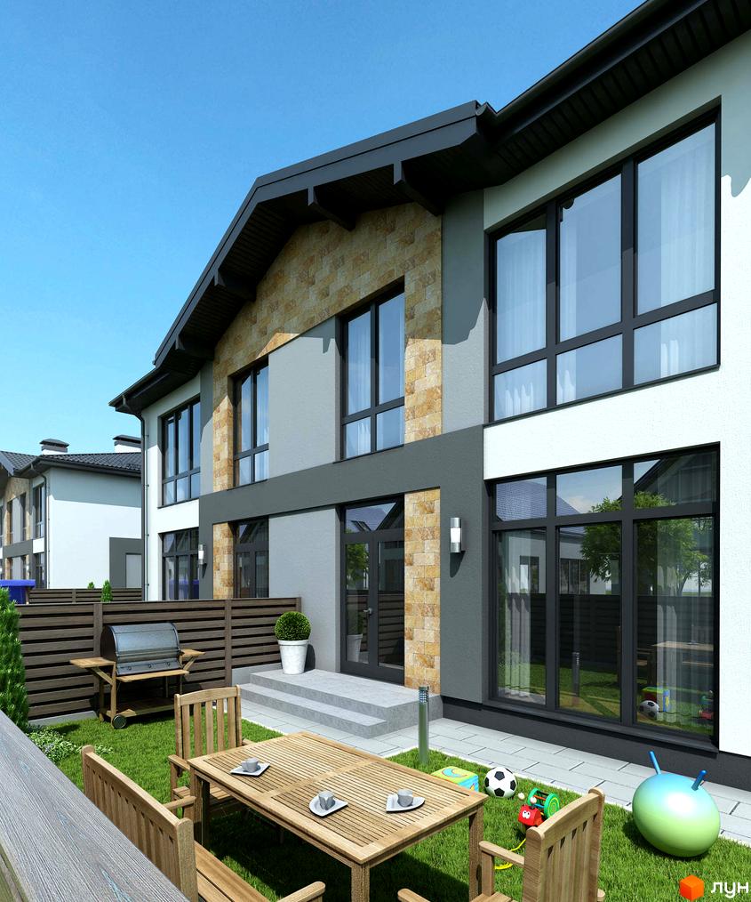 Зовнішній вигляд будинку в ЖК Sandstone Comfort з кам'яним фасадом та великими вікнами. На прибудинковій території газон, тераса з меблями та зона для відпочинку.