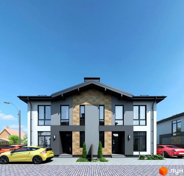 Дуплекси Sandstone Comfort з кам'яним оздобленням фасаду та прибудинковою територією з автомобілями. Сучасна архітектура та комфортне проживання.