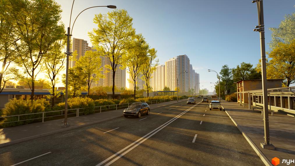 Житловий комплекс KADORR City з високими будинками та доглянутою прибудинковою територією з деревами та дорогою.