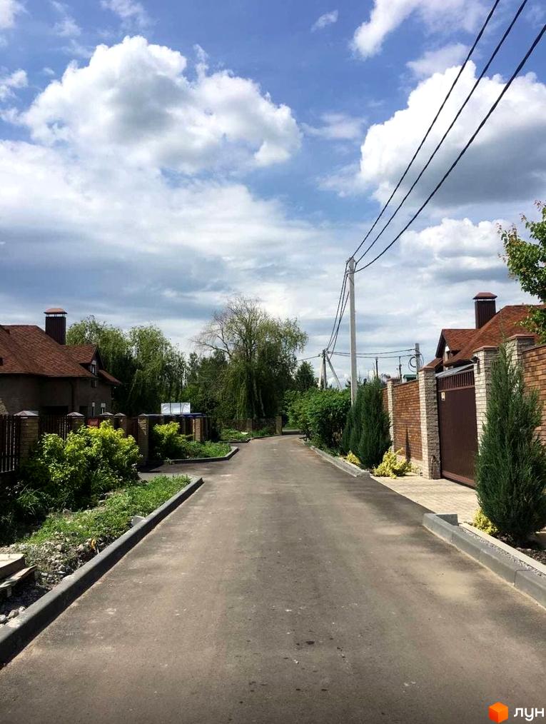 Котеджне містечко КМ Барвіта: асфальтована дорога, огороджені будинки з коричневими дахами, зелені насадження та хмарне небо.