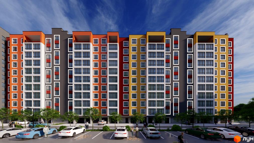 Житловий комплекс Янтарний - яскрава багатоповерхова новобудова з різнокольоровими фасадами та парковкою з автомобілями біля входу.