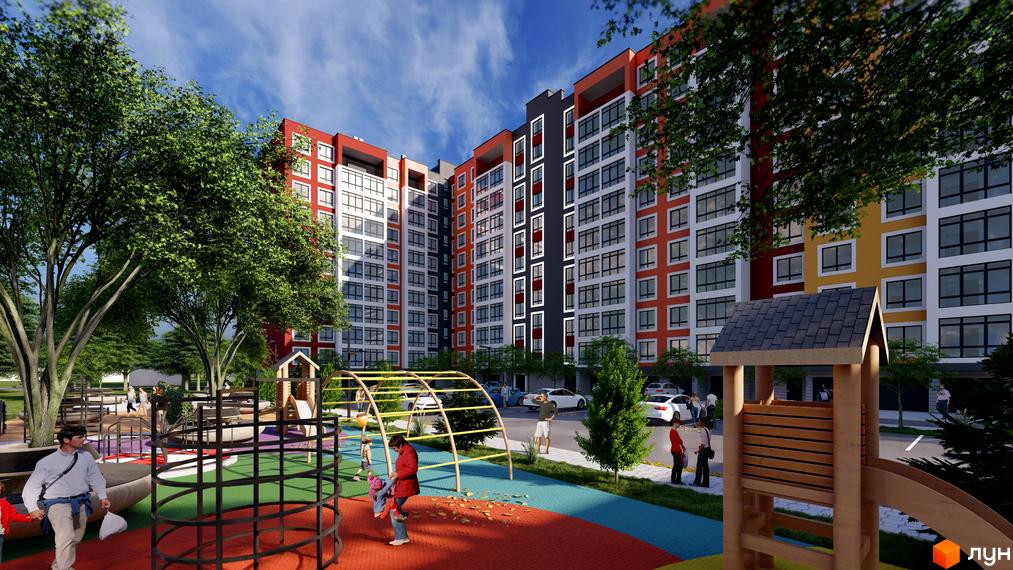 Житловий комплекс Янтарний: багатоповерхові будинки з яскравими фасадами та дитячим майданчиком. Затишна прибудинкова територія з деревами та місцями для відпочинку.