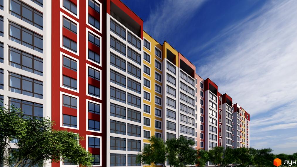 Зовнішній вигляд житлового комплексу Янтарний: багатоповерхові будинки з яскравими фасадами червоного та жовтого кольорів, великі вікна, зелені дерева на території.