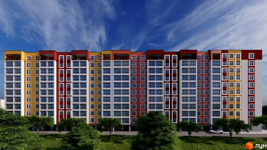 Яскрава новобудова ЖК Янтарний з жовтими та червоними фасадами, великими вікнами та зеленим подвір'ям. Будинок розташований на фоні блакитного неба з хмарами.