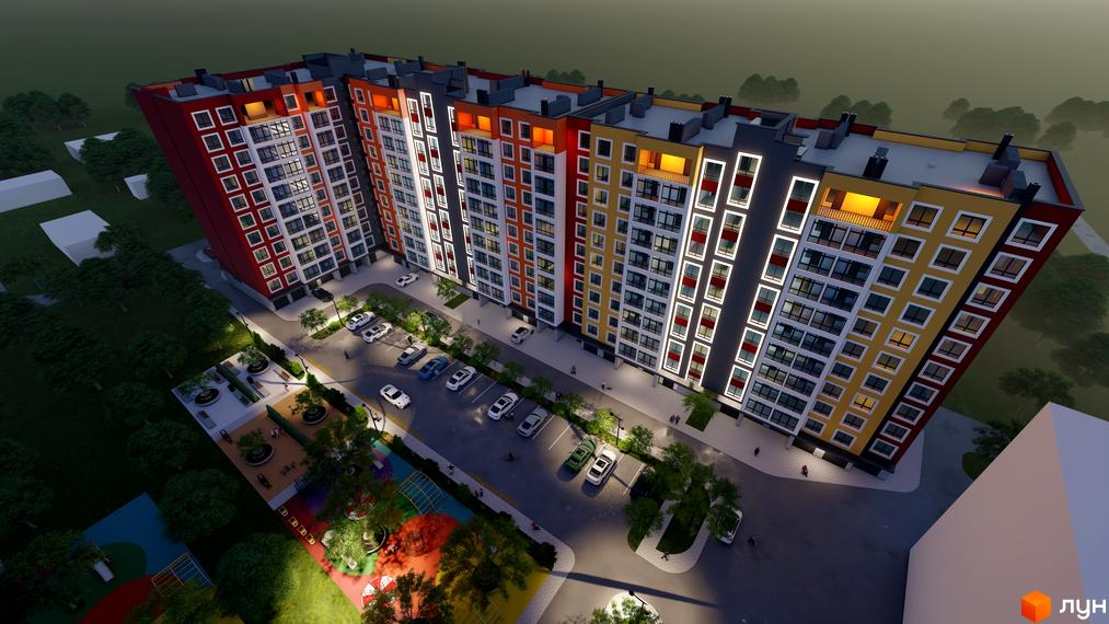 Житловий комплекс Янтарний: багатоповерховий будинок з яскравим фасадом та прибудинковою територією з дитячим майданчиком та парковкою.