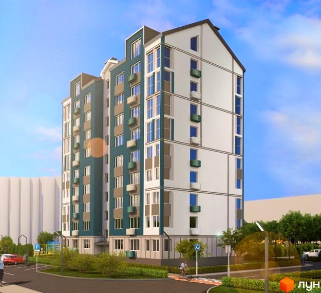 Зображення фасаду багатоповерхового будинку в Житловому комплексі Простір з прибудинковою територією та елементами благоустрою.