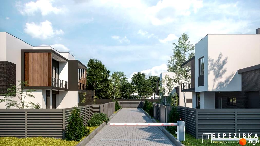 Котеджне містечко Березівка: сучасні будинки з дерев'яними елементами та огородженою територією з автоматичним шлагбаумом.