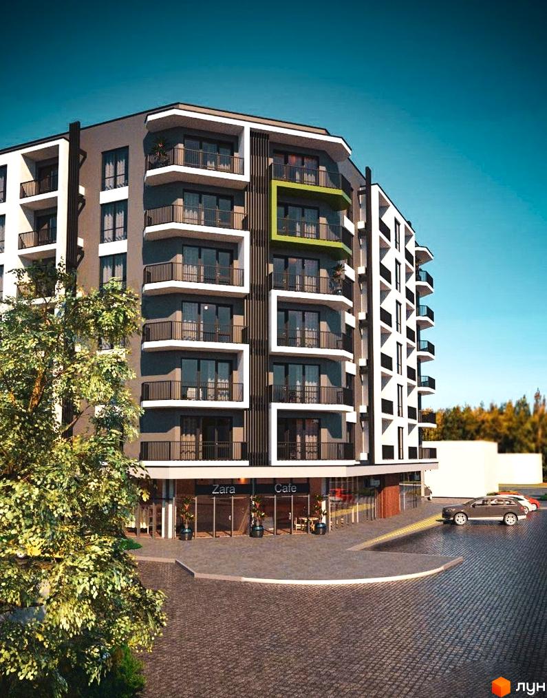 Зображення фасаду Житлового району Графіт з балконами та магазинами Zara і Cafe на першому поверсі. На передньому плані зелене дерево.