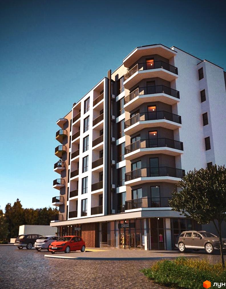 Зображення фасаду будинку Житлового комплексу Графіт з балконами та припаркованими автомобілями. На першому поверсі комерційні приміщення.