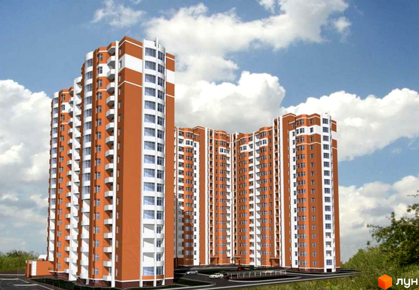 Висотна новобудова з теракотовим фасадом та білими балконами. На прибудинковій території є парковка та зелені насадження.