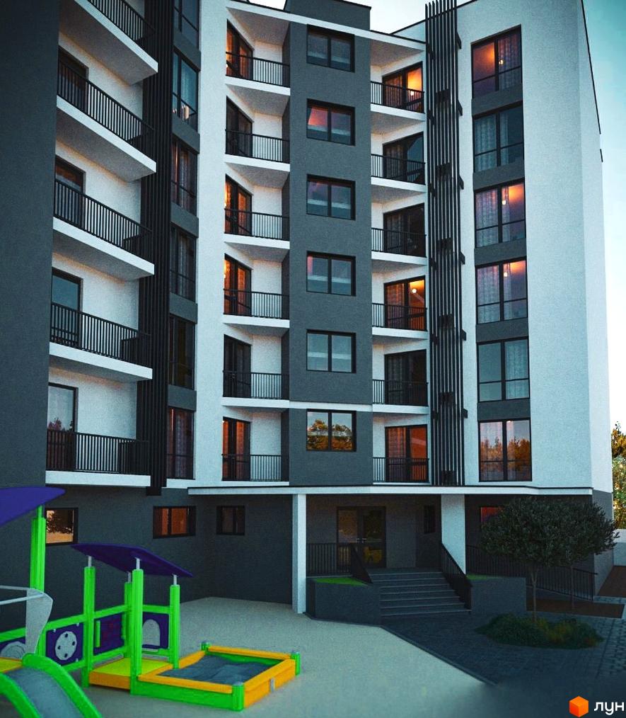 Зображення фасаду та дитячого майданчика Житлового комплексу Графіт. Багатоповерхова будівля з балконами та ігровим комплексом.