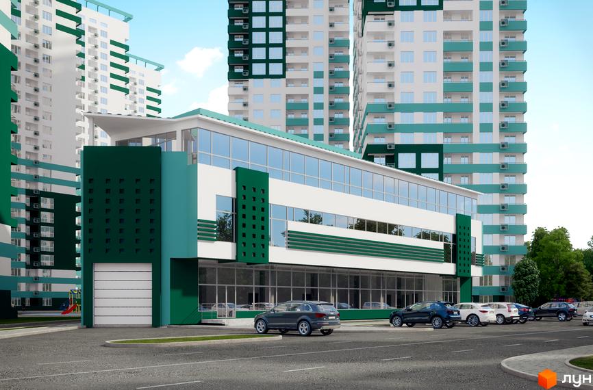 Житловий комплекс Альтаїр-3 з біло-зеленими фасадами та скляними елементами. Навколо розташовані паркувальні місця та зелені насадження.