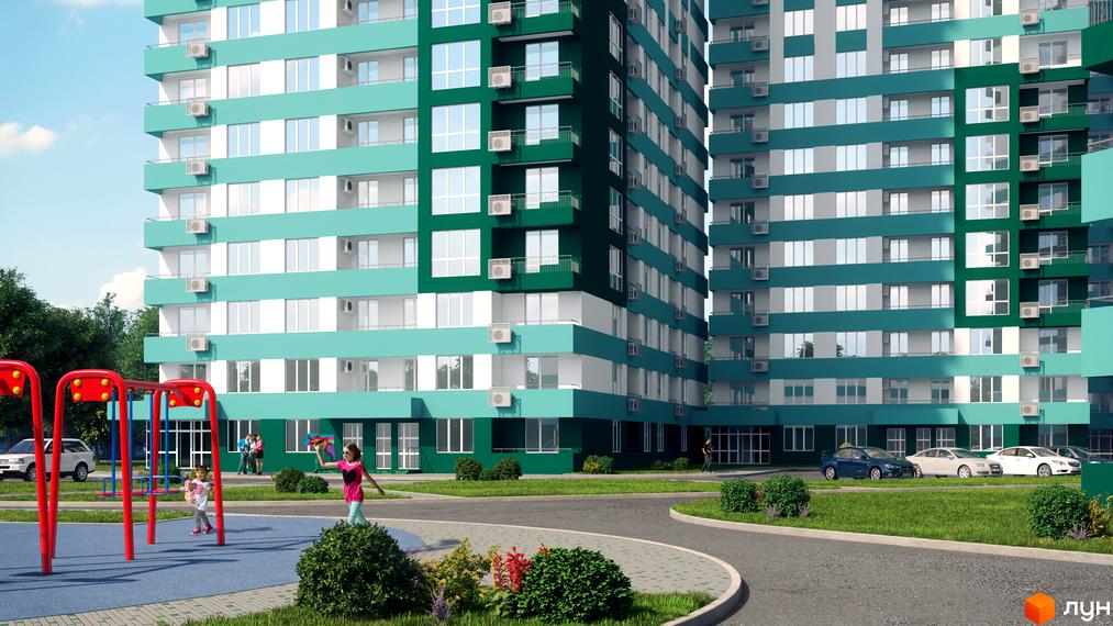 Зовнішній вигляд житлового комплексу Альтаїр-3 з бірюзовими та білими фасадами, кондиціонерами та дитячим майданчиком з гойдалками. На території є зелені насадження та припарковані автомобілі.