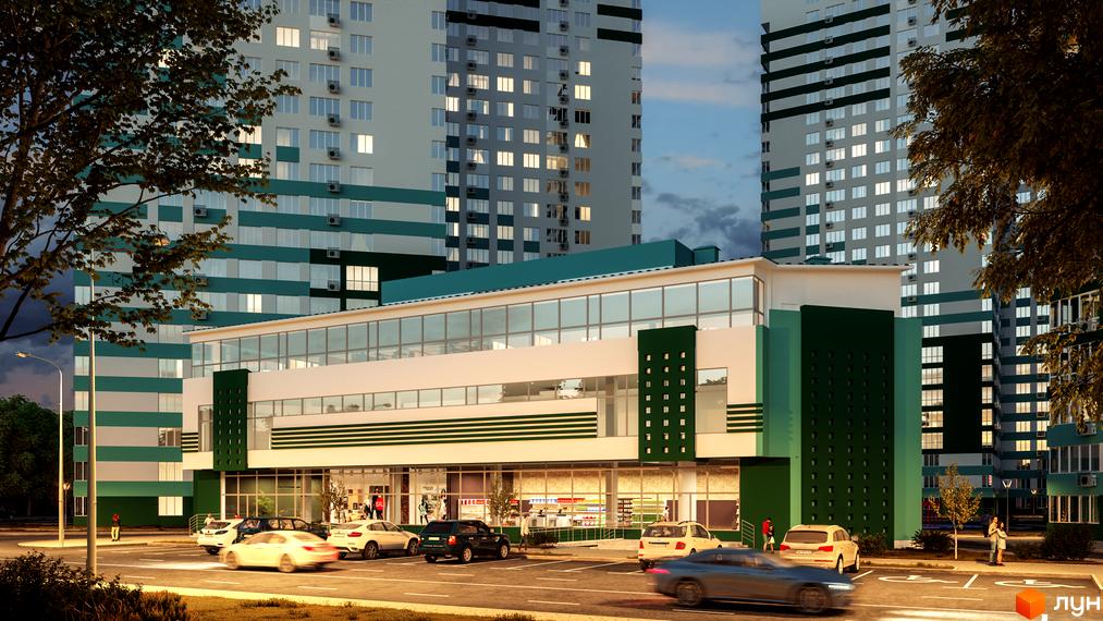 Новобудова ЖК Альтаїр-3 з фасадом біло-зеленого кольору та великими вікнами. На прибудинковій території розташовані паркувальні місця та дерева.