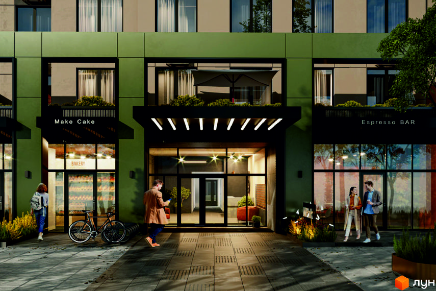 Фасад Житлового комплексу M.Park з комерційними приміщеннями на першому поверсі. Перед будинком облаштована пішохідна зона з озелененням та велопарковкою.