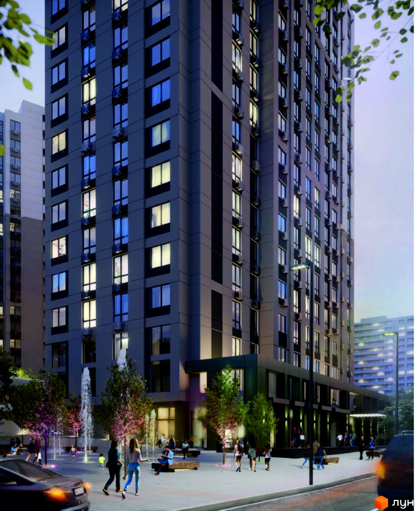 Житловий комплекс M.Park: багатоповерховий будинок з темним фасадом, освітленими вікнами та прибудинковою територією з фонтанами.