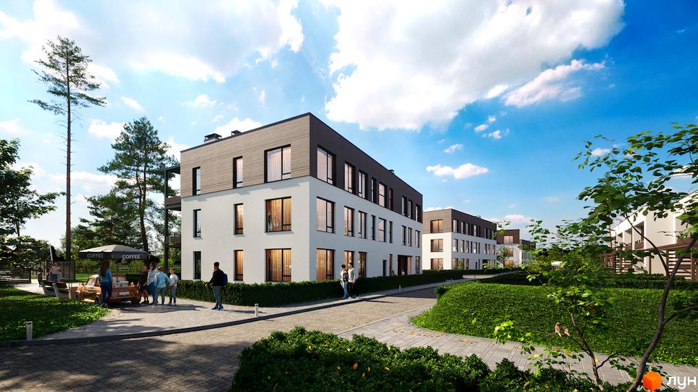 Житловий комплекс Zenhouz: триповерхові будинки з білими стінами та темними дахами, що оточені зеленою територією з деревами та кущами.