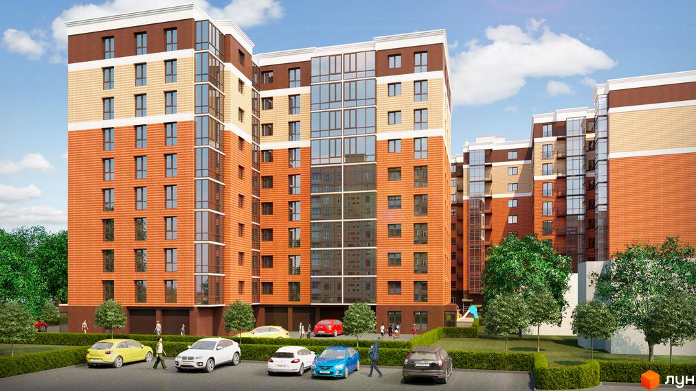 Житловий комплекс Яровиця Life: фасади будівель з цегляним оздобленням та панорамними вікнами. Прибудинкова територія з зеленими насадженнями та парковкою.