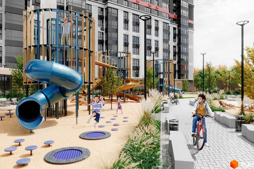 Житловий комплекс Mandarin ART з дитячим майданчиком та зоною для відпочинку. Сучасна архітектура та зелена територія для мешканців.