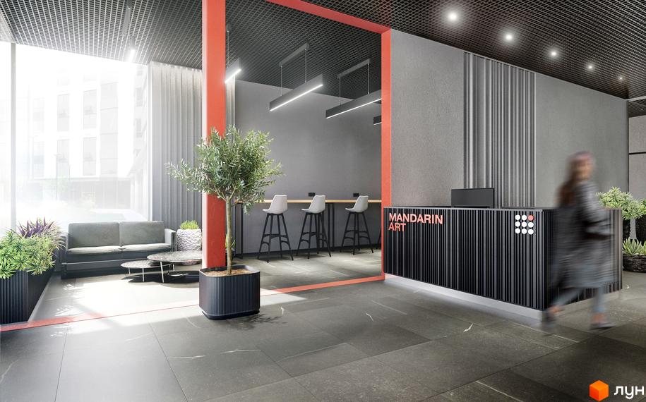 Сучасний інтер'єр лобі житлового комплексу Mandarin ART з зоною відпочинку та рецепцією. Огляньте дизайн новобудови та планування квартир.
