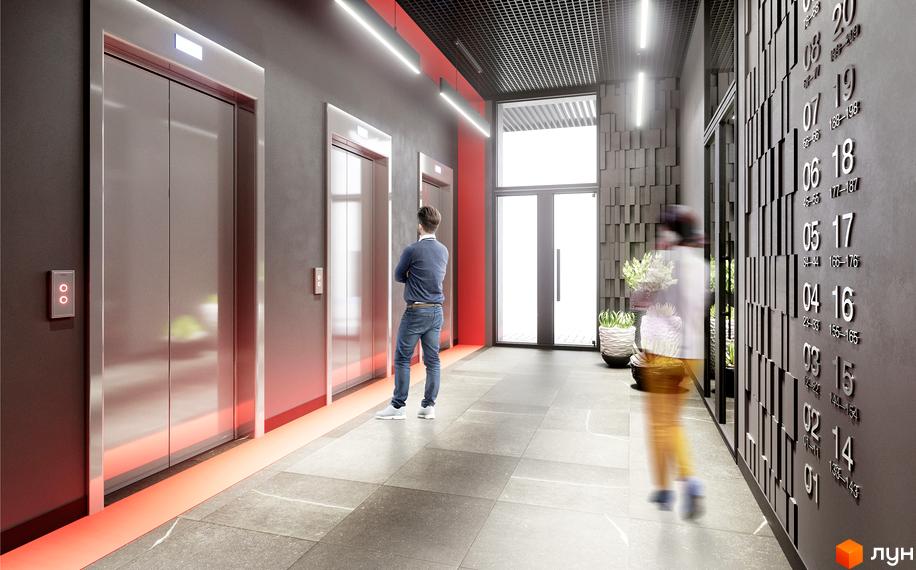 Сучасний дизайн холу житлового комплексу Mandarin ART з ліфтами та дверима, що ведуть назовні. Оздоблення стін та підлоги виконано в нейтральних тонах.