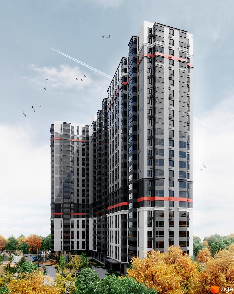 Житловий комплекс Mandarin ART - це висотна новобудова з сіро-білим фасадом та червоними акцентами, що доповнюється зеленою прибудинковою територією з дитячим майданчиком.