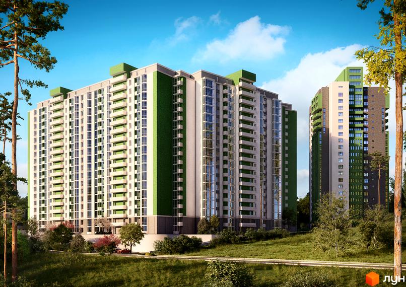 Житловий комплекс Герцен Парк з фасадами білого та зеленого кольору. Навколо комплексу зелена зона з деревами та травою.