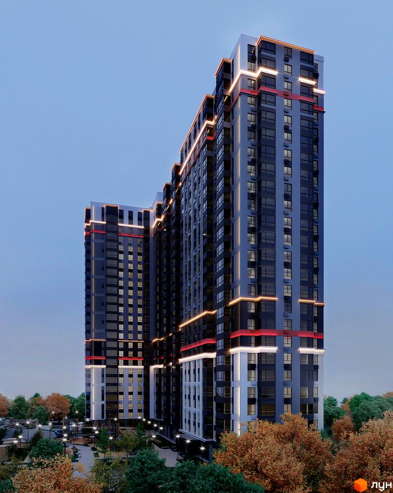 Житловий комплекс Mandarin ART – висотна новобудова з підсвіткою фасаду та сучасним дизайном. Навколо будинку розташована доглянута прибудинкова територія з деревами та освітленням.