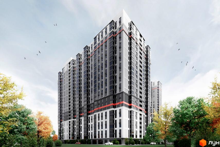 Житловий комплекс Mandarin ART - це висотна новобудова з сірими та білими фасадами, акцентованими червоними смугами, оточена деревами з осіннім листям.