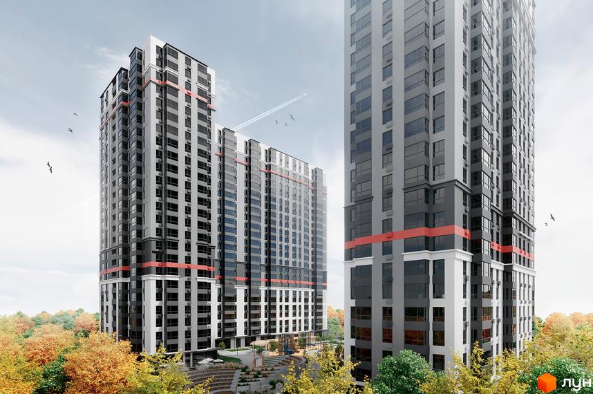 Житловий комплекс Mandarin ART: висотні будинки з сірими та білими фасадами, червоними смугами та панорамними вікнами. На прибудинковій території зелені насадження та дитячий майданчик.