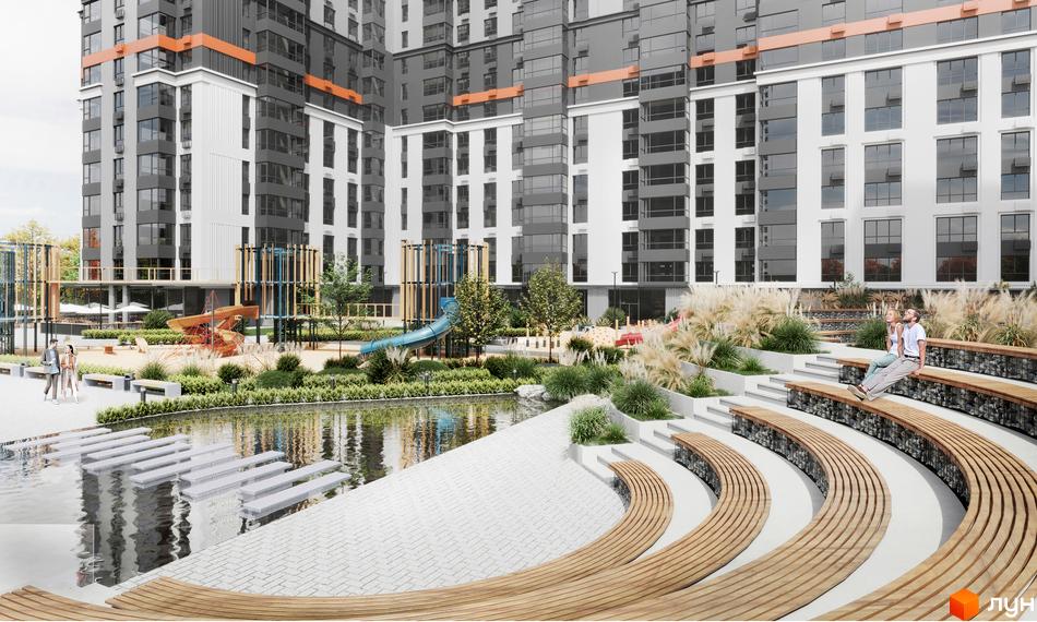 Житловий комплекс Mandarin ART із сучасною архітектурою та доглянутою прибудинковою територією з водоймою та зонами відпочинку.