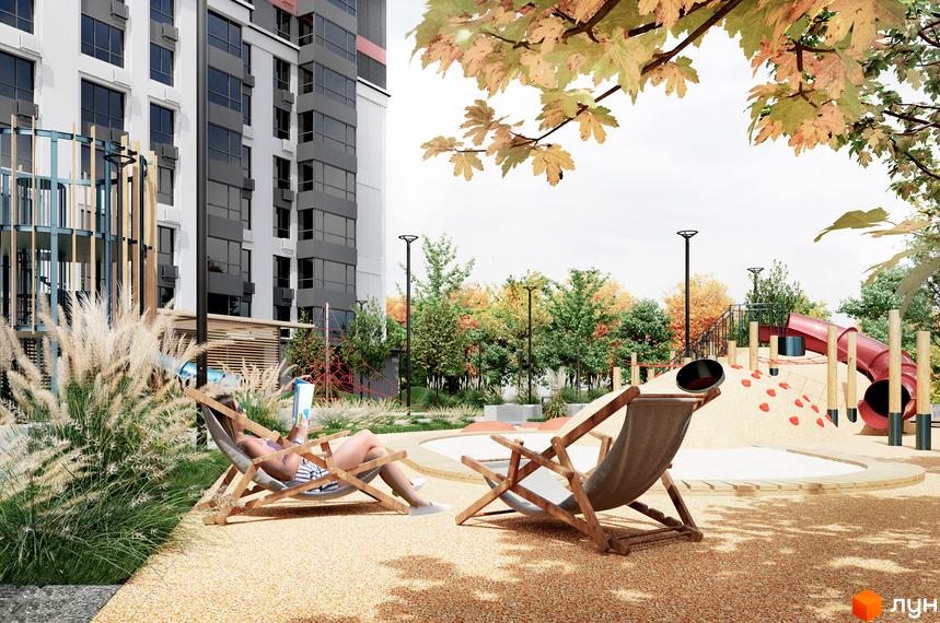 Житловий комплекс Mandarin ART з дитячим майданчиком та зонами відпочинку. Сучасна архітектура та зелена територія для комфортного життя.