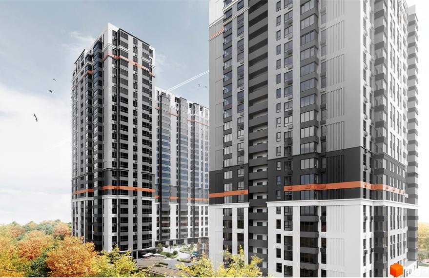 Будівельний проєкт ЖК Mandarin ART: висотні будинки з сірими фасадами та оранжевими акцентами, прибудинкова територія з деревами.