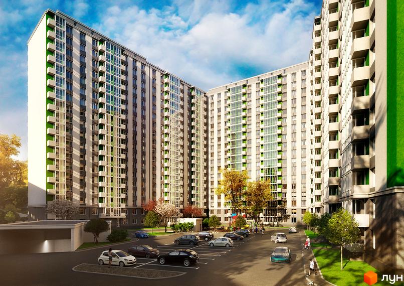 Житловий комплекс Герцен Парк з багатоповерховими будинками та зеленою зоною. Навколо будівель розташована парковка з автомобілями та пішохідні доріжки.