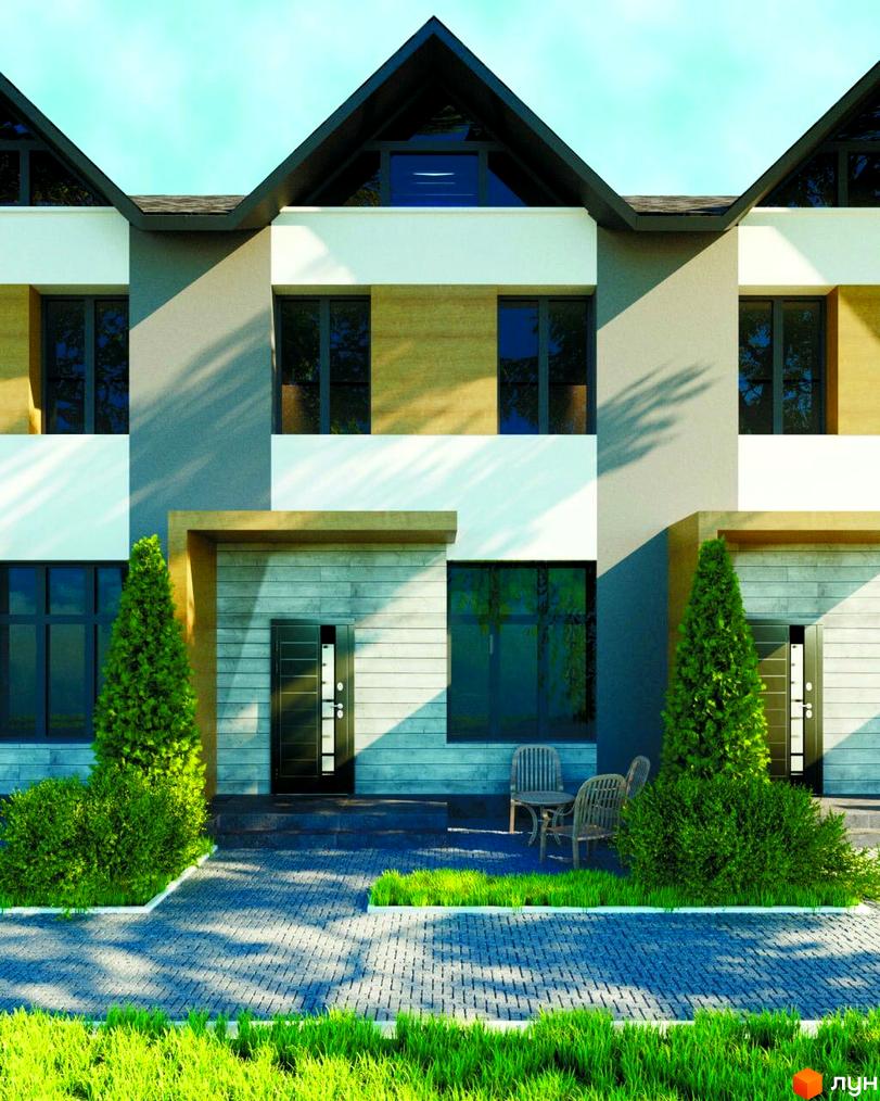 Зображення фасаду таунхаусу Гармонія-5 з великими вікнами та вхідними дверима, перед будинком доглянутий газон та бруківка.