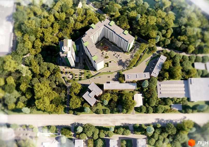 Житловий комплекс Герцен Парк з висоти пташиного польоту. Багатоповерхові будинки оточені зеленню, є внутрішній двір з дитячим майданчиком та парковка.