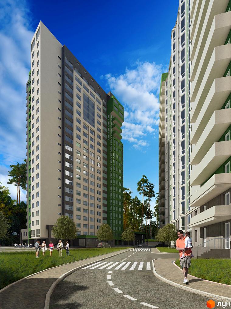 Зовнішній вигляд новобудови ЖК Герцен Парк з зеленою фасадною частиною та білими балконами. На прибудинковій території розташовані дерева та пішохідна зона з людьми.