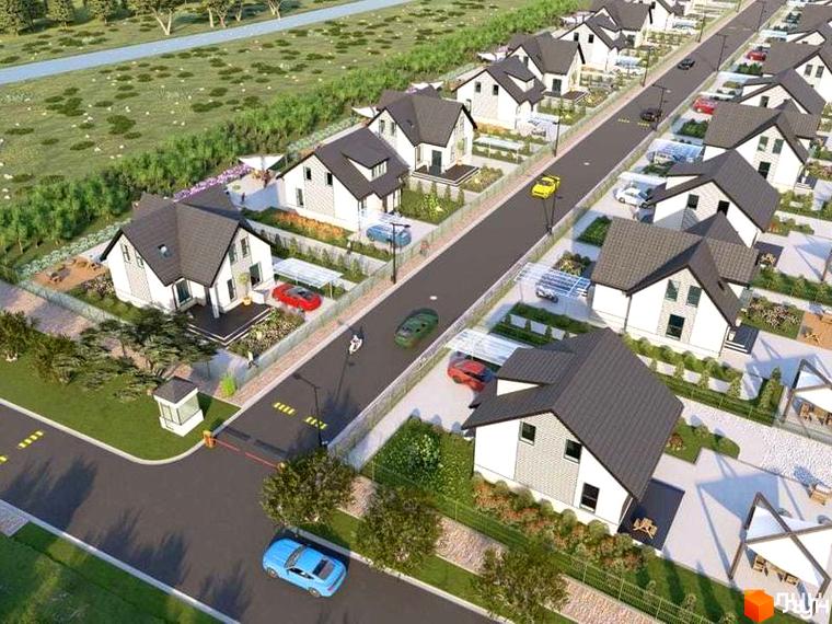 Зображення будинку в Котеджному містечку Лелека з білими стінами та темно-сірим дахом, з доглянутою прибудинковою територією та парковкою.