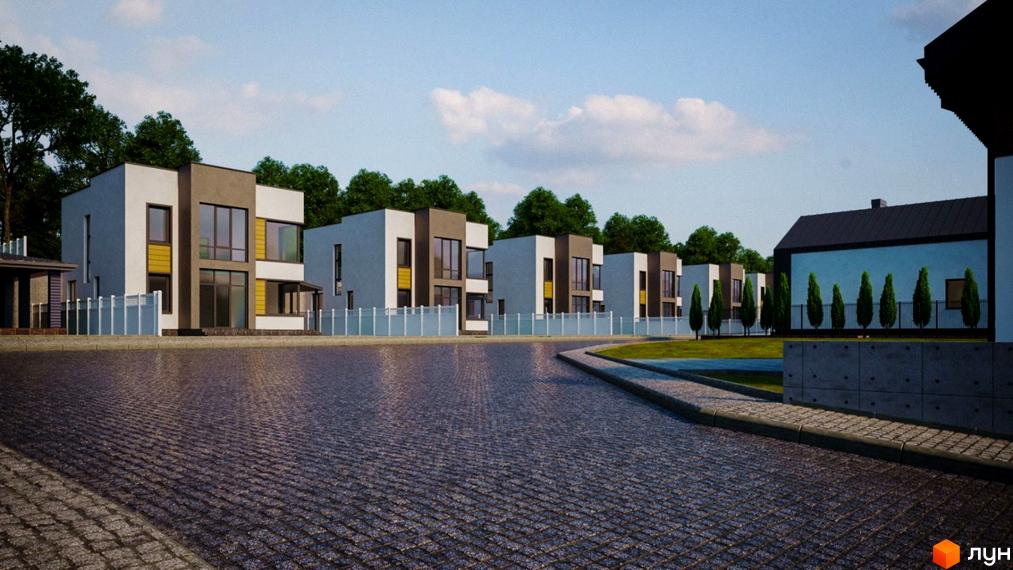 Котеджне містечко Сонячний схил: ряд сучасних двоповерхових будинків з великими вікнами та жовтими акцентами на тлі зелених дерев. Прибудинкова територія з бруківкою та доглянутим газоном.