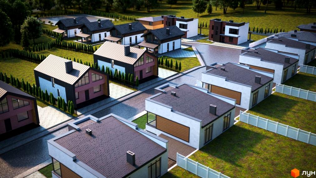 Котеджне містечко Сонячний схил. Сучасні котеджі з двосхилими дахами та великими вікнами, розташовані на доглянутій зеленій території з огорожею та деревами.