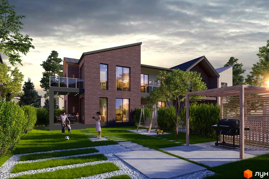 Вигляд Котеджного містечка River Park з двоповерховими будинками з червоної цегли та доглянутою прибудинковою територією.