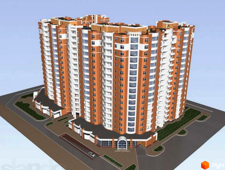 Висотна новобудова ЖК Ассоль з помаранчевими та білими фасадами. На прибудинковій території є тротуари, зелені насадження та парковка.