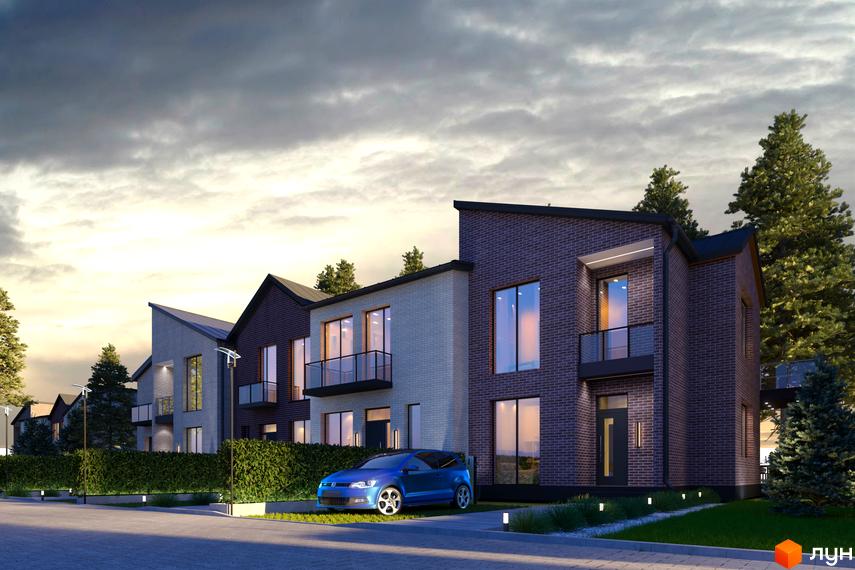 Вигляд котеджів Котеджного містечка River Park з синім авто на подвір'ї. Навколо зелені насадження та освітлена дорога.