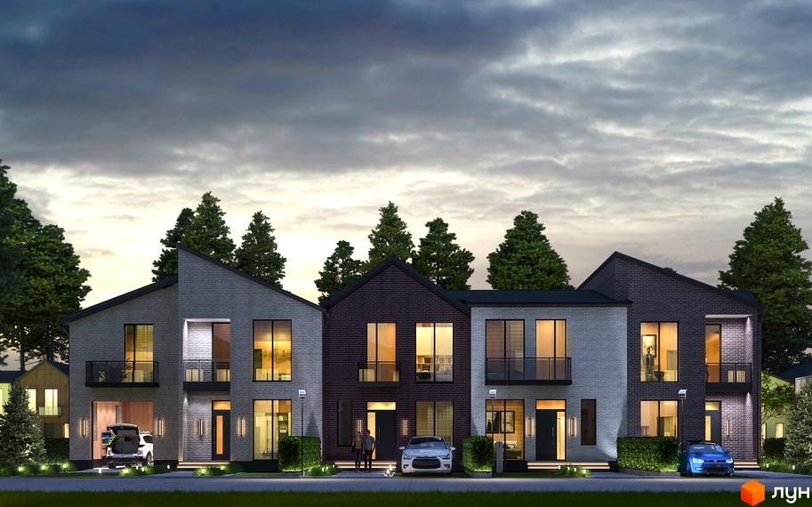 Котеджне містечко River Park. Ряд будинків з цегляною кладкою різних кольорів, великими вікнами та освітленою прибудинковою територією.