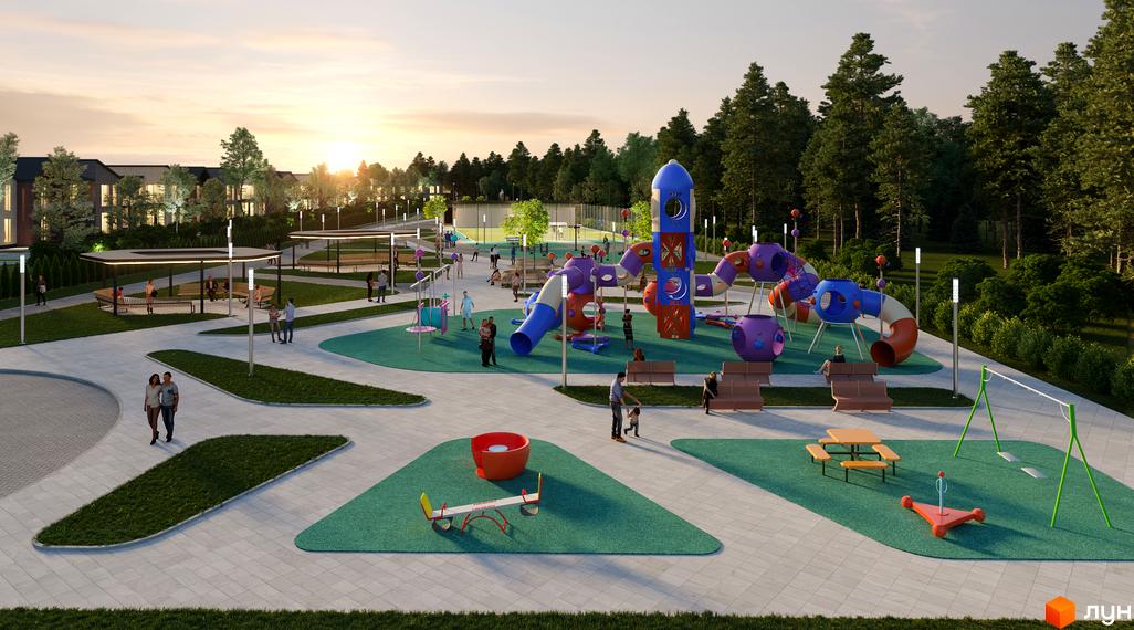 Зображення дитячого майданчика у Котеджному містечку River Park. На території є гойдалки, гірки та інші розваги для дітей.