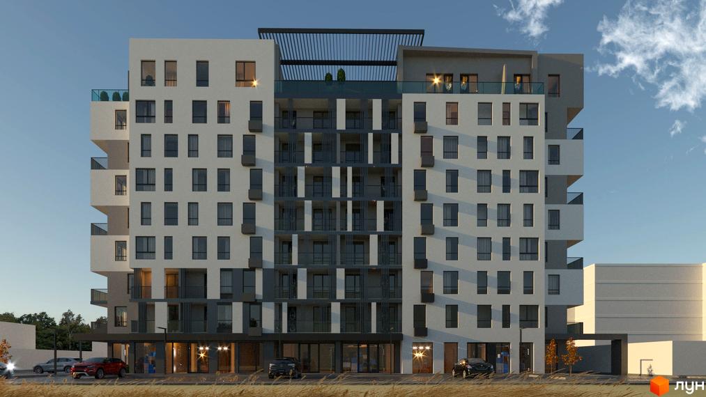 Зовнішній вигляд житлового комплексу City Lux з численними вікнами та балконами. Навколо будинку розташована прибудинкова територія з деревами та автомобілями.