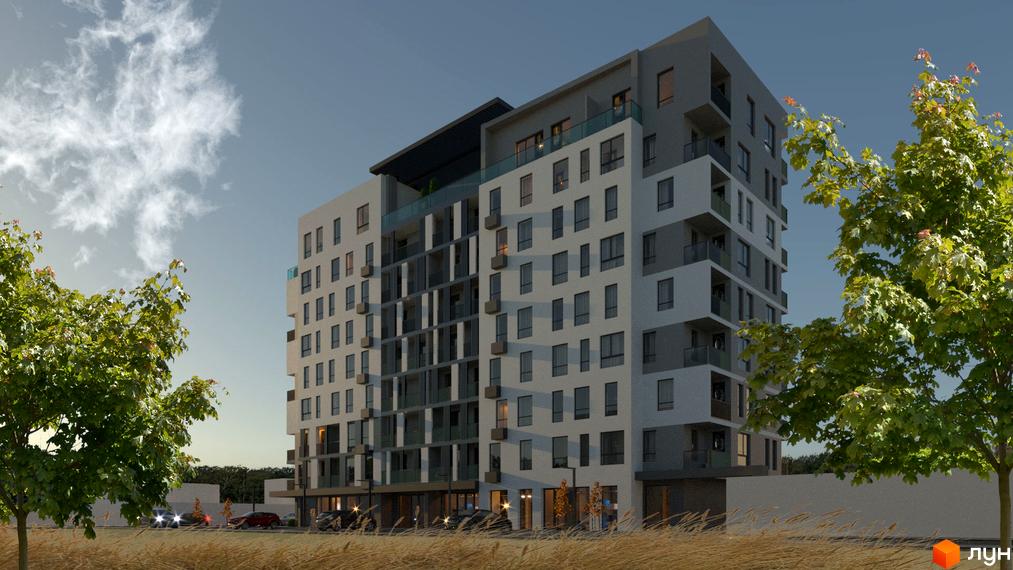 Зовнішній вигляд новобудови ЖК City Lux з сучасним дизайном та балконами. Навколо будинку зелені дерева та облаштована територія.