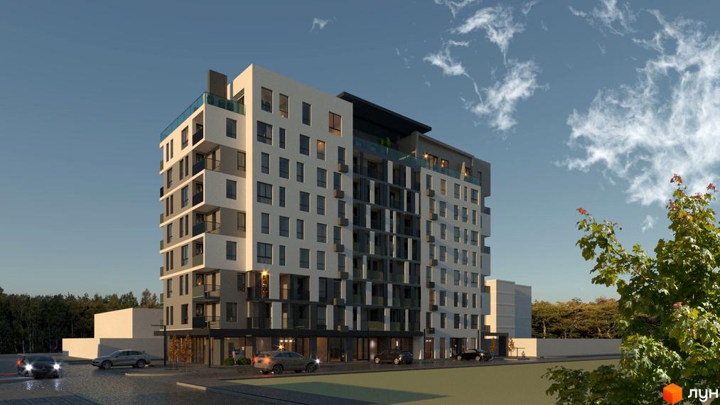 Багатоповерховий будинок Житлового комплексу City Lux має світлий та темний фасад зі скляними балконами. Поруч з ним розташована дорога з автомобілями та дерева.