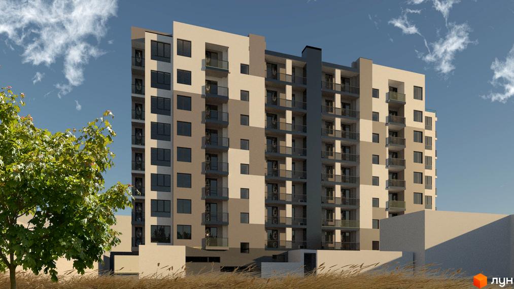 Зовнішній вигляд новобудови ЖК City Lux з балконами та вікнами на фоні блакитного неба. Навколо будівлі зелені дерева та трава.